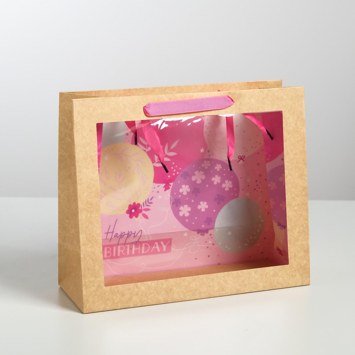 Пакет подарочный крафтовый с пластиковым окном, упаковка, пакет подарочный с окном 20 х 15 х 10 см розовый