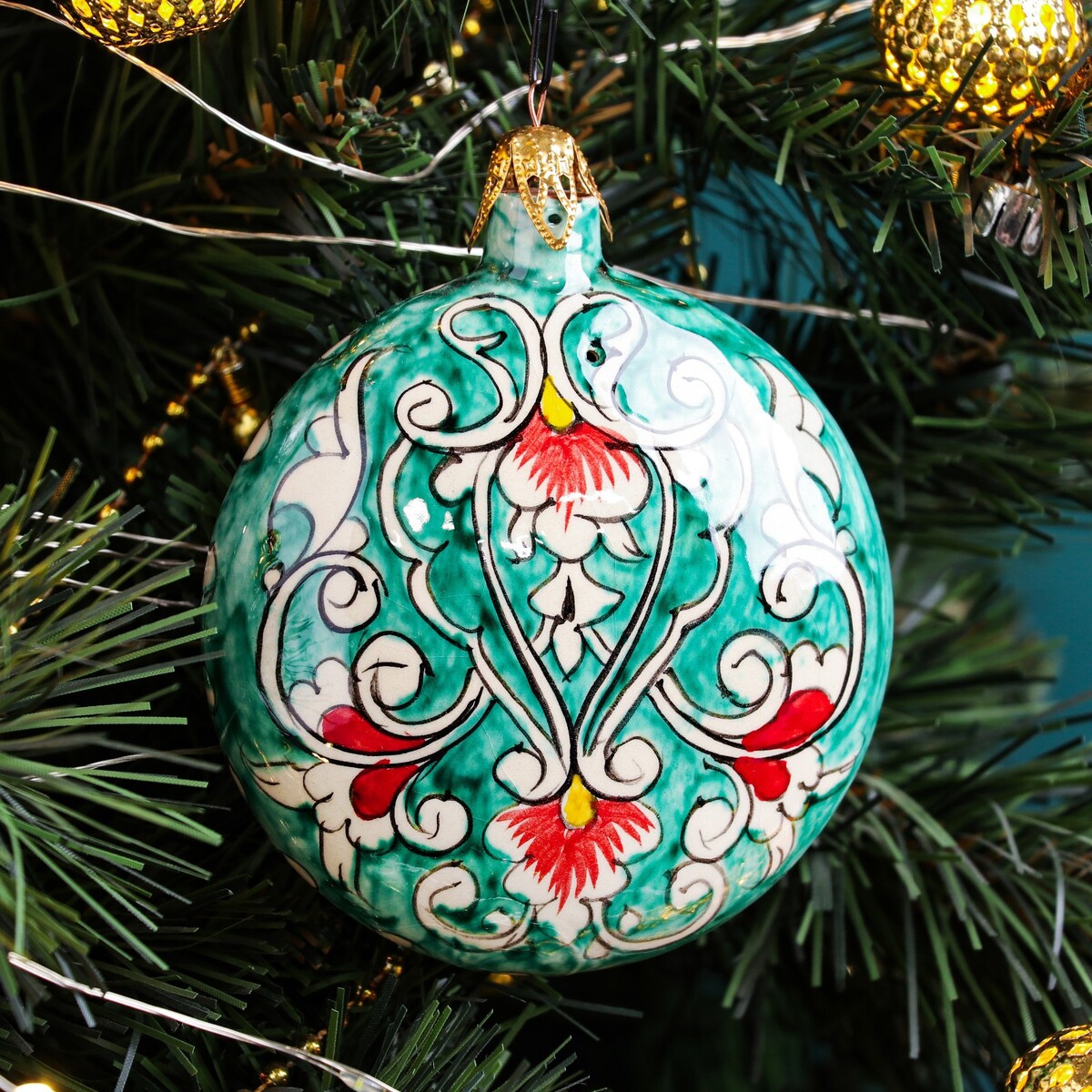 

Игрушка ёлочная риштанская керамика круглая, 10см, зеленая, Зеленый