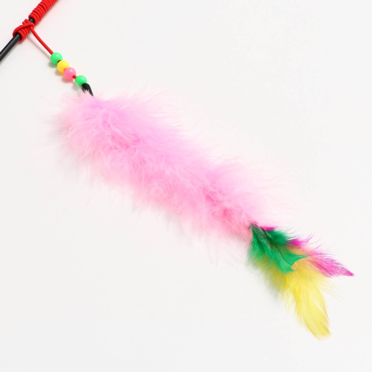 фото Дразнилка-удочка с перьями, пуховым хвостиком и бусинами, розовая пижон