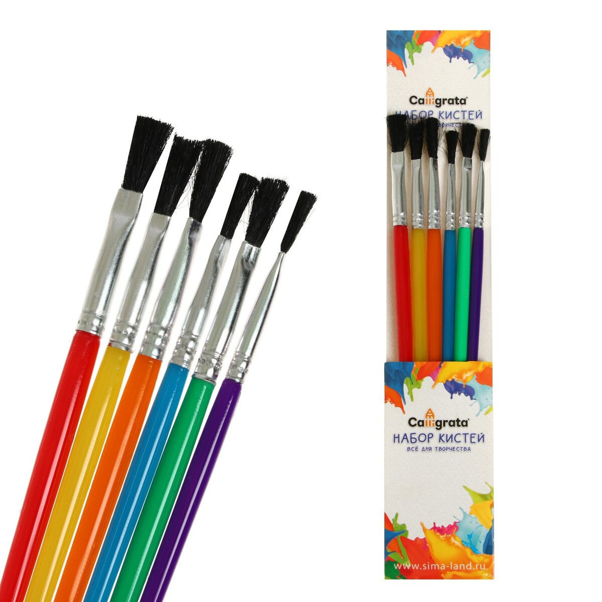 Набор кистей нейлон 6 штук, плоские, с пластиковыми цветными ручками Calligrata 01345910 - фото 1