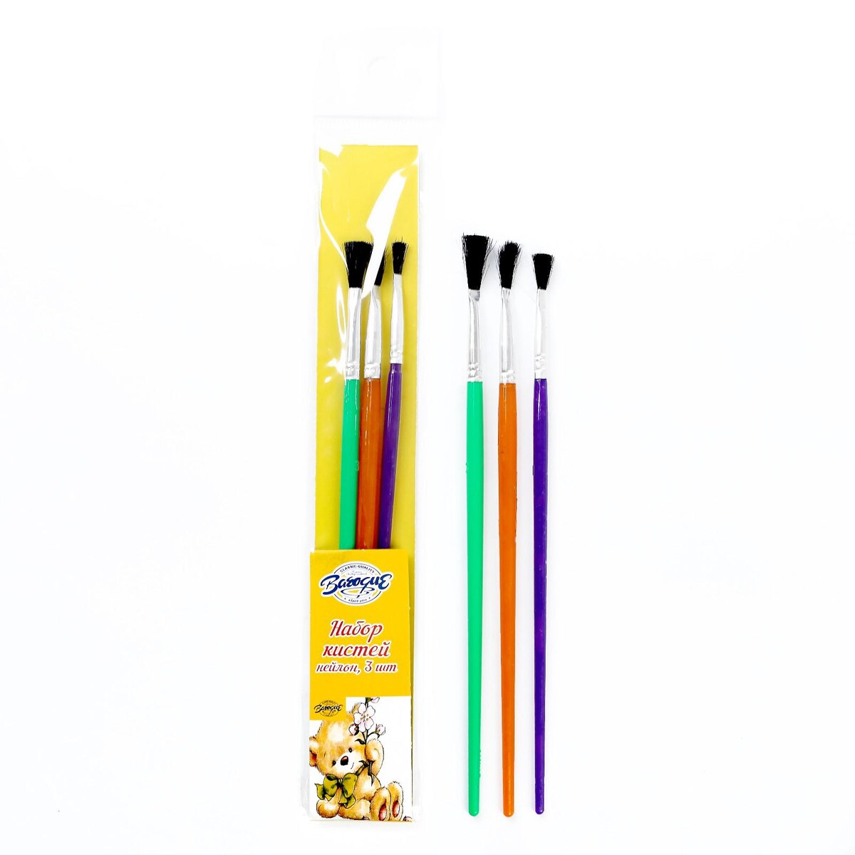 фото Набор кистей нейлон, 3 штуки, плоские, с пластиковыми, цветными ручками calligrata