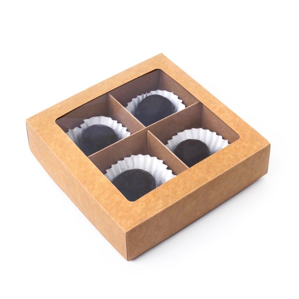 Коробка складная под 4 конфеты с окном, крафт, 12.6 х 12.6 х 3.5 см коробка под 4 конфеты