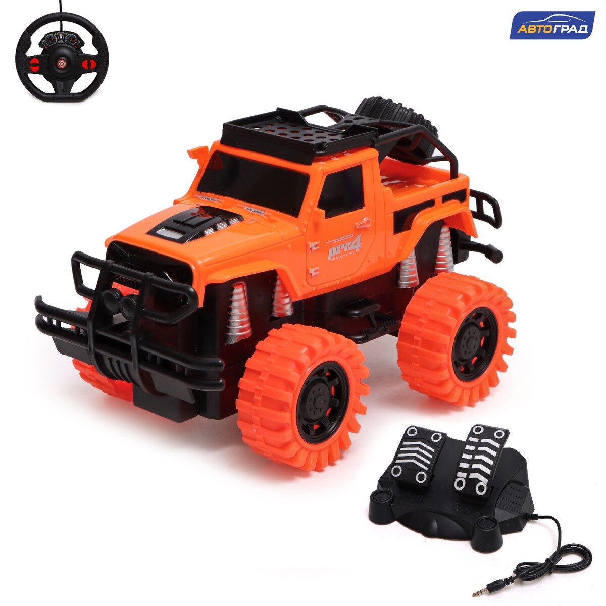 Джип радиоуправляемый truck, педали и руль, работает от аккумулятора, цвет оранжевый джип инерционный monster truck сиреневый