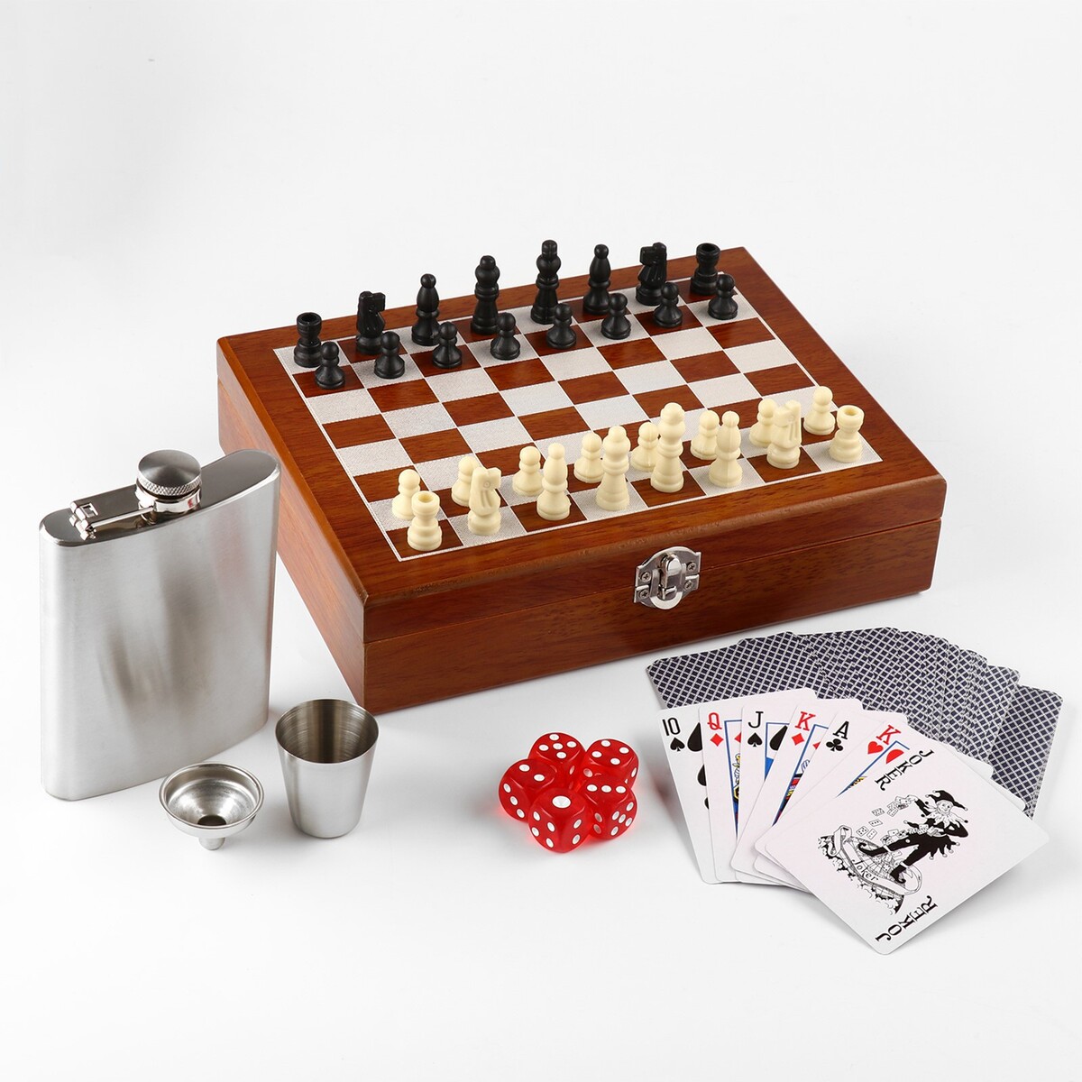 Набор 6 в 1: фляжка 8 oz, стопка, воронка, карты, кубики 5 шт, шахматы, 18 х 24 см шахматы понимание миттельшпиля