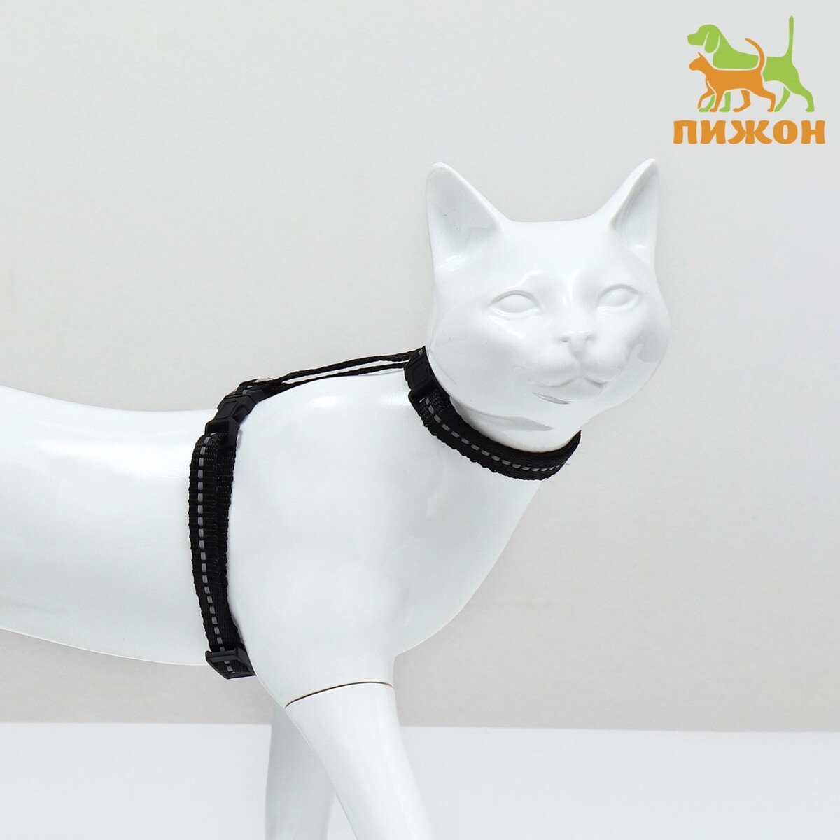 Шлейка для кошек, ширина 1 см, светоотражающий, ош 16,5-27 см, ог 21-35 см, черный