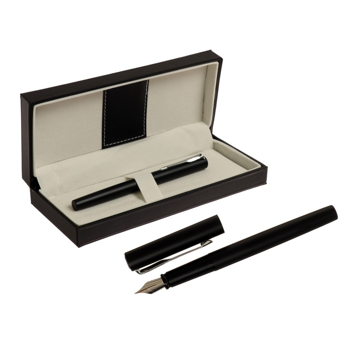 Ручка подарочная перьевая в кожзам футляре, корпус черный подарочная ручка в футляре кожзам