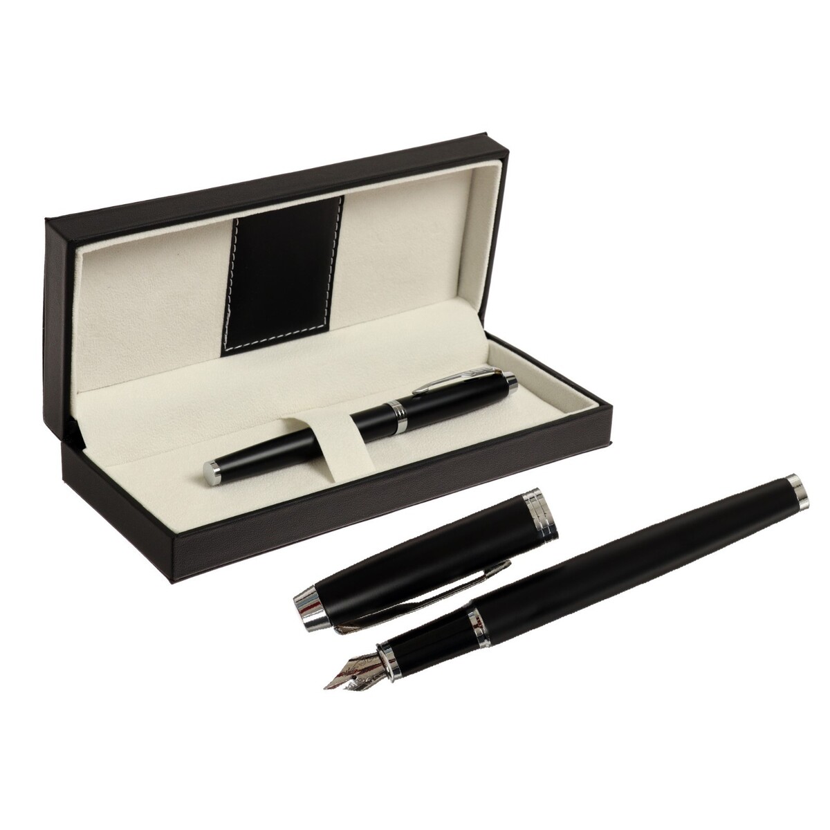 Ручка подарочная перьевая в кожзам футляре, корпус черный с серебром ручка в футляре