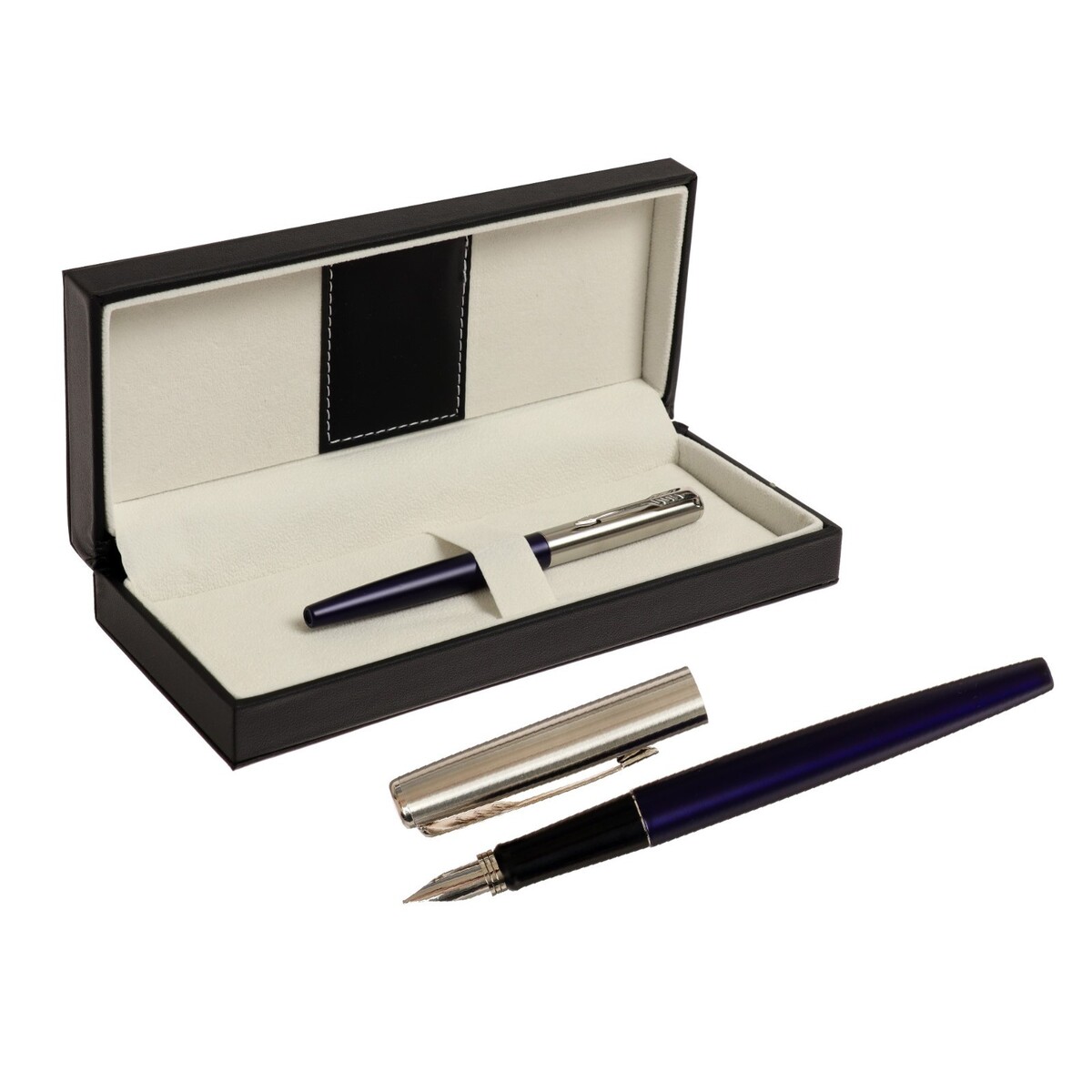 Ручка подарочная перьевая в кожзам футляре, корпус синий с серебром 70805 набор перьевая ручка с 6 сменными картирджами