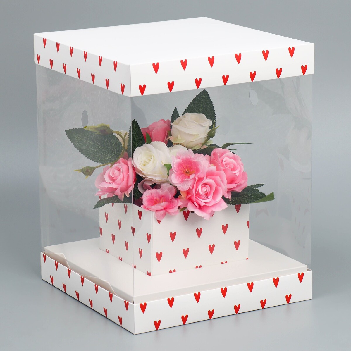 Коробка подарочная для цветов с вазой и pvc окнами складная, упаковка,
