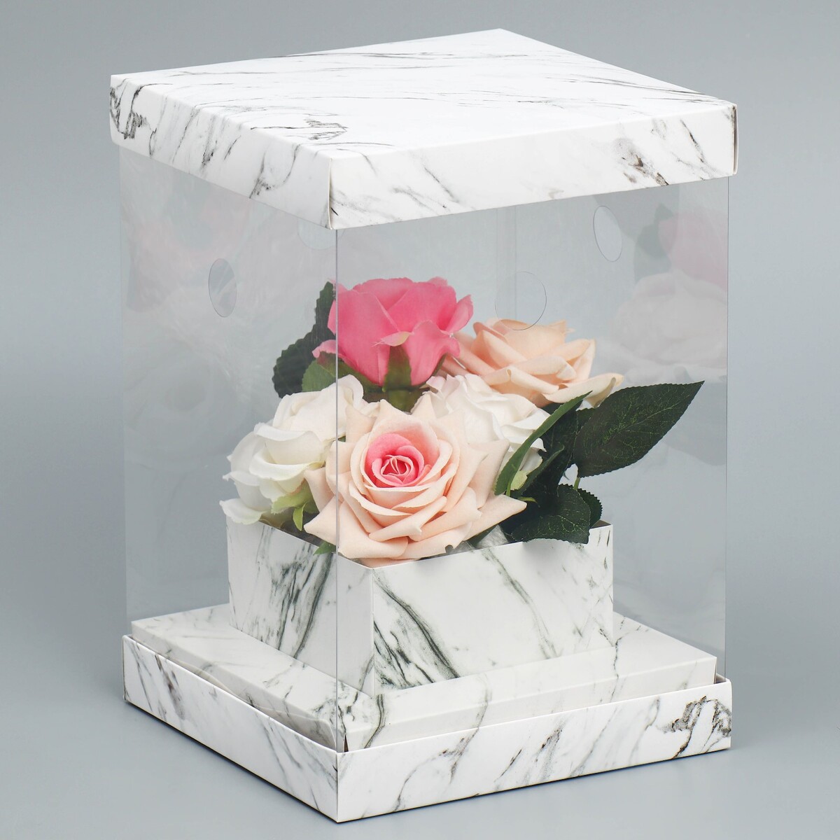 Коробка подарочная для цветов с вазой и pvc окнами складная, упаковка, коробка для ов с вазой и pvc окнами складная сиреневый 16 х 23 х 16 см