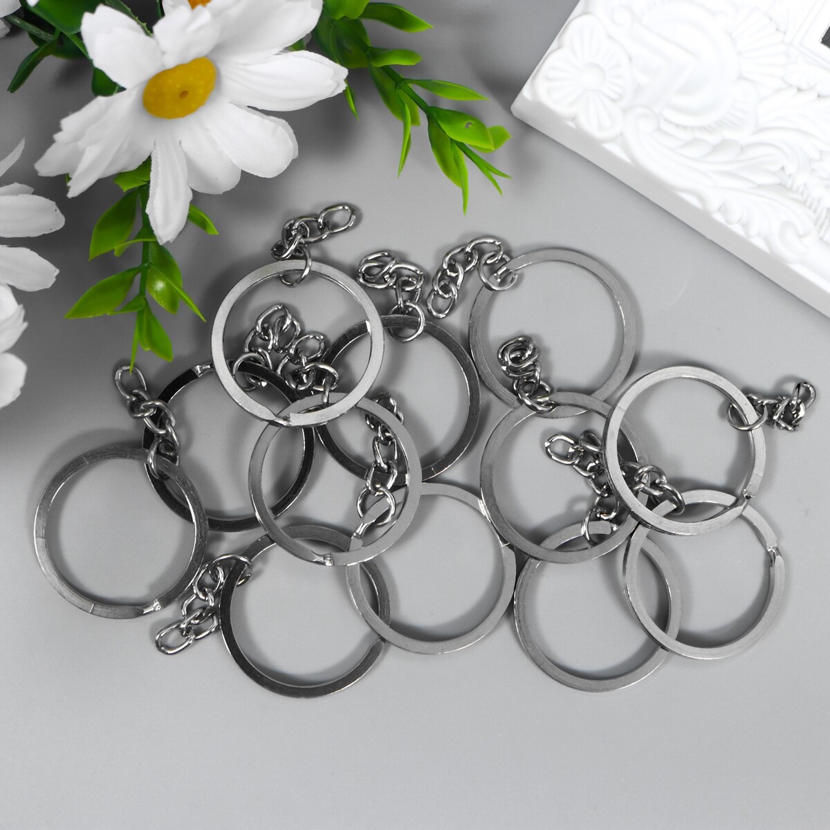 Основа для брелока кольцо плоское металл с цепочкой серебро 3,2х3,2 см набор 12 шт ручка рифленая серебро металл 0 1 мм