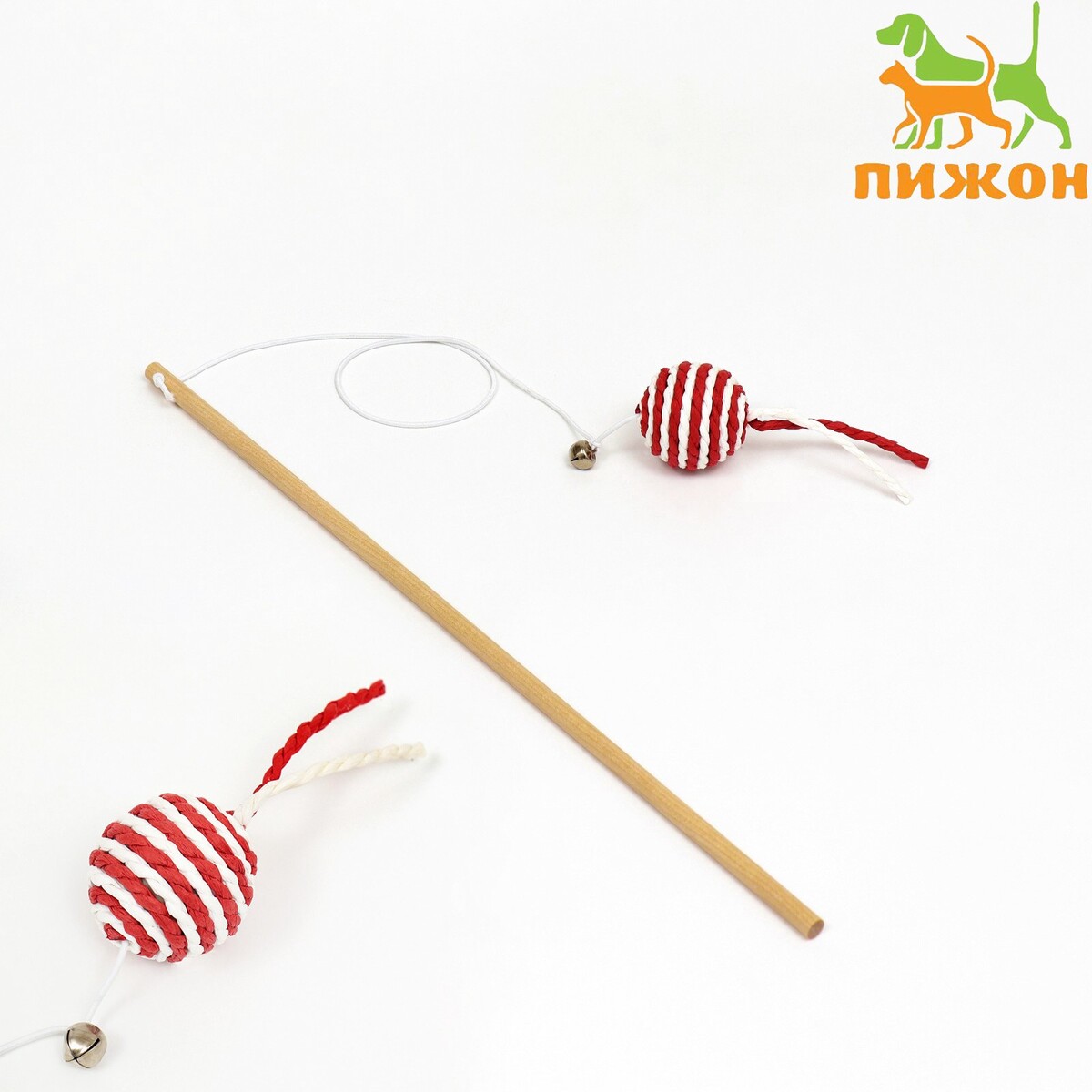Дразнилка-удочка с шариком на деревянной ручке, бордовая/белая игрушка дразнилка для собак с шариком из каната до 85 г до 38 см голубая белая
