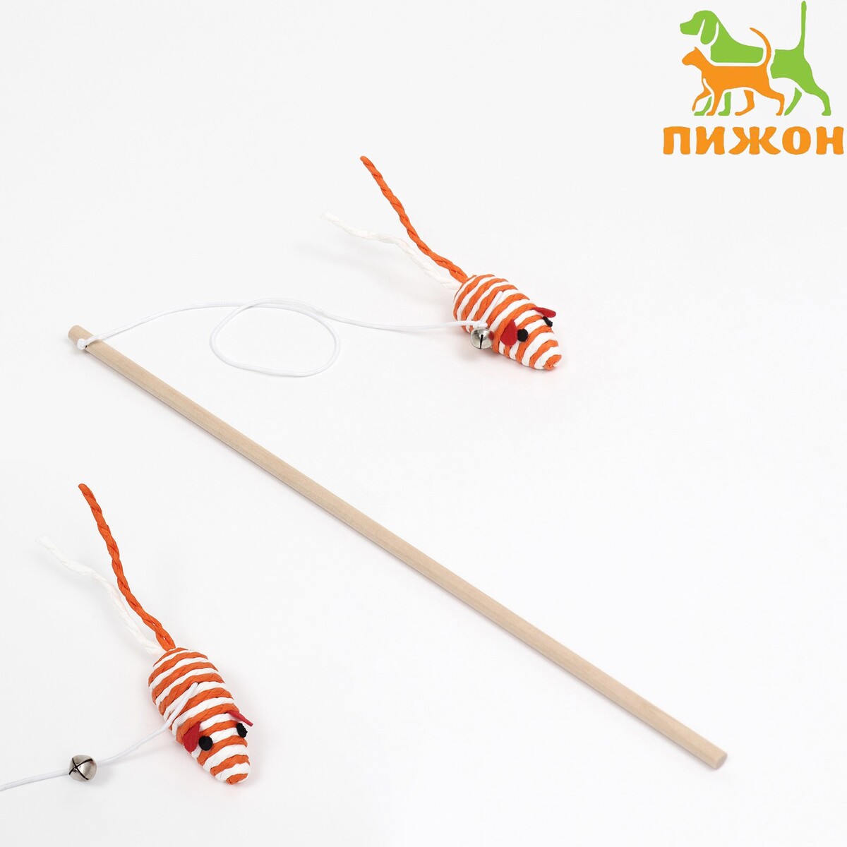 Дразнилка-удочка с мышью на деревянной ручке, оранжевая/белая дразнилка с мышкой 7 см на деревянной палочке 40 см оранжевая белая