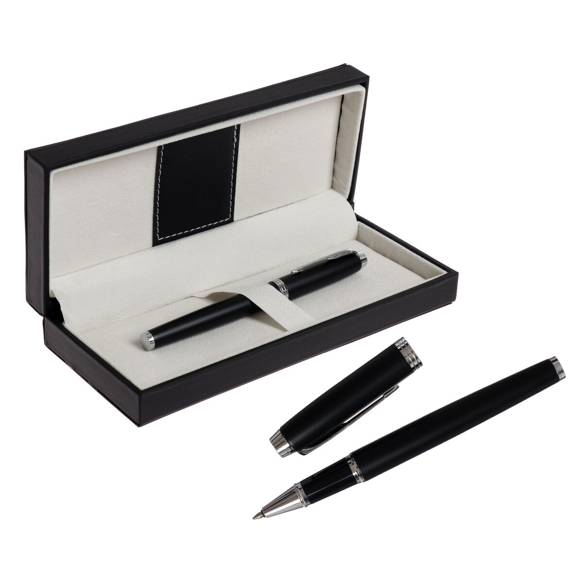 Ручка подарочная шариковая в кожзам футляре, корпус черный с серебром ручка шариковая manzoni ravenna подарочная