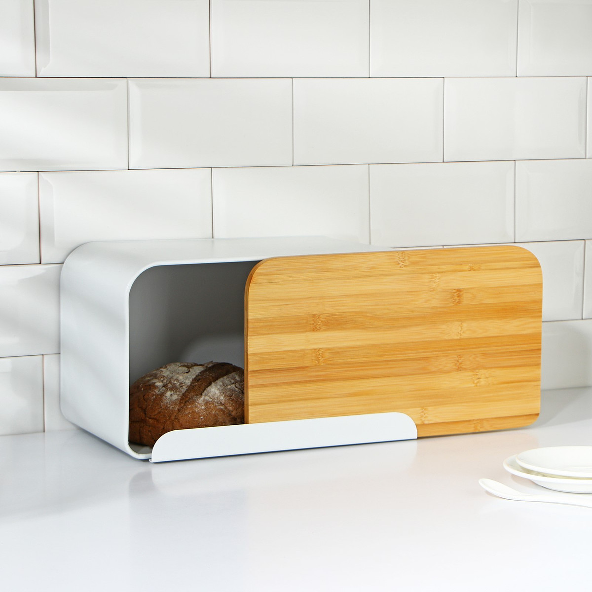 

Хлебница magistro softal, металл, бамбуковая крышка, 35×21×21.5 см, белая, Белый
