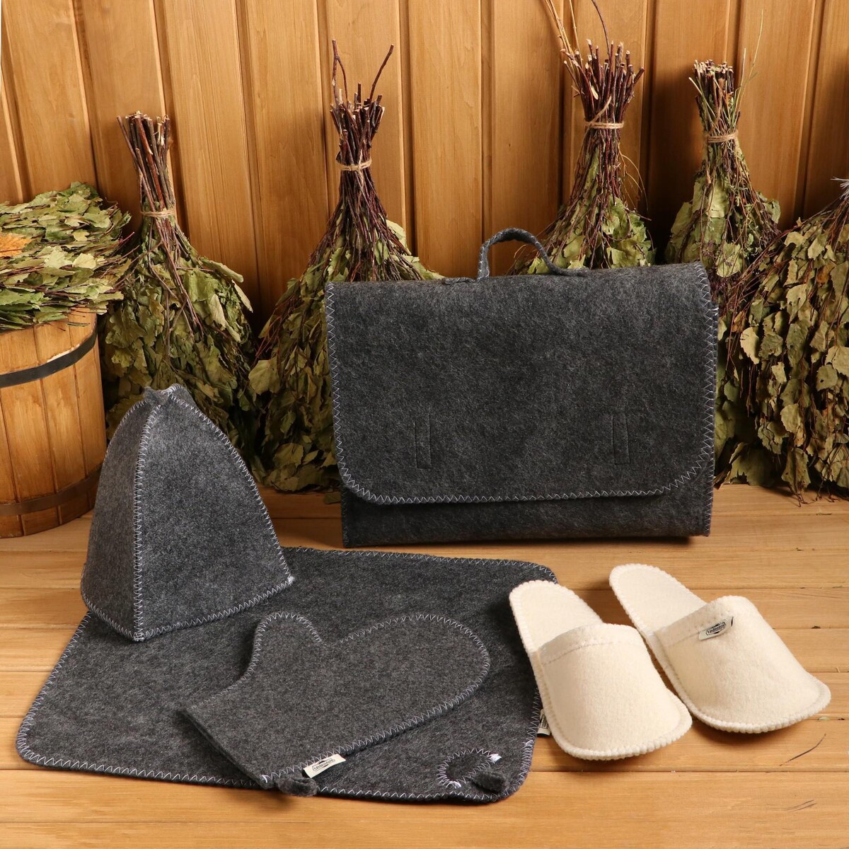 Набор банный портфель 5 предметов серый, без вышивки, войлок набор для бани 3 предмета шапка коврик рукавица войлок темный ни002