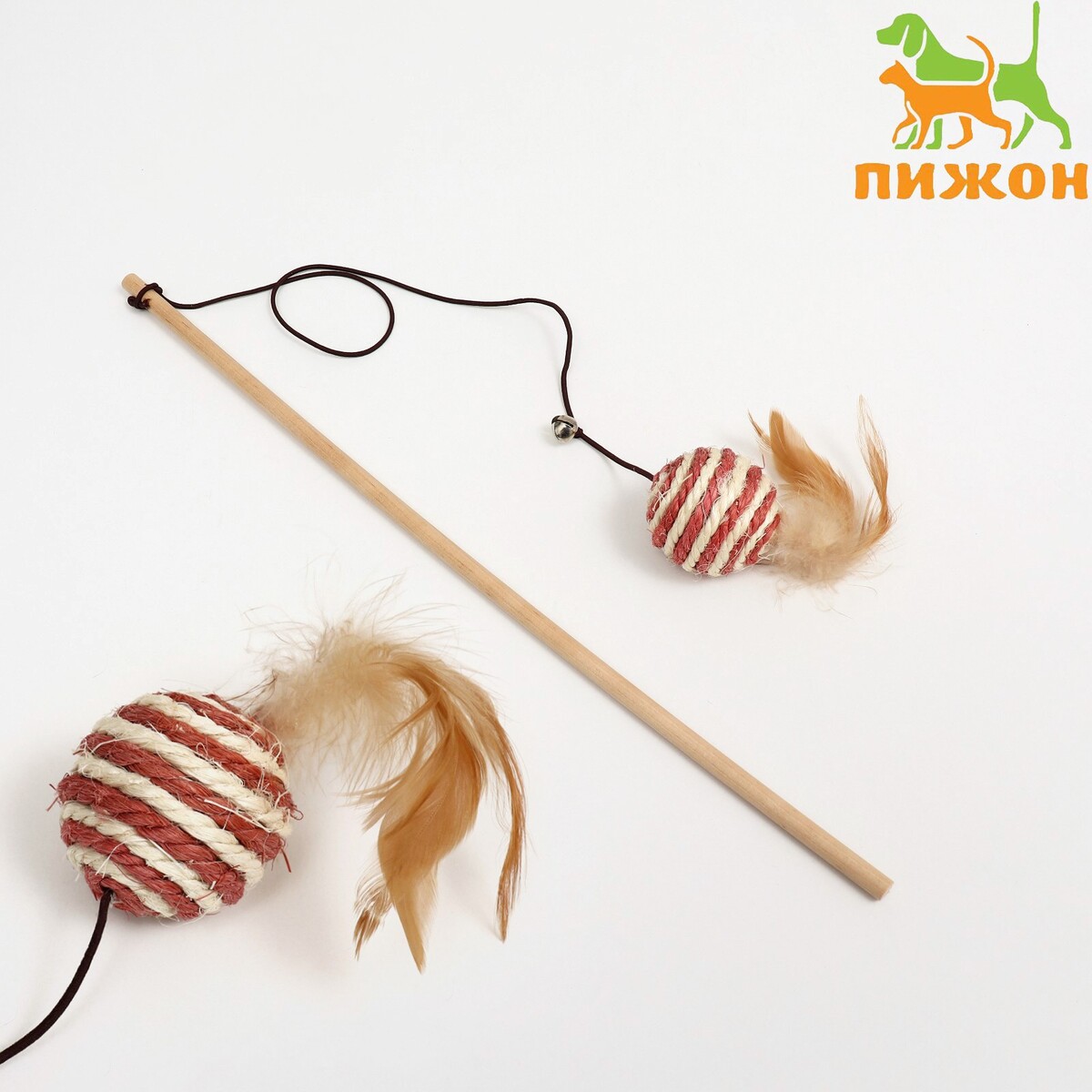 Дразнилка-удочка дразнилка удочка с мягким шариком и перьями на деревянной ручке 40 см