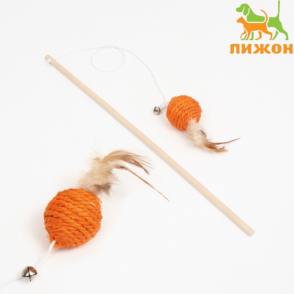 Дразнилка дразнилка удочка с плетеным шариком и ными перьями на деревянной ручке оранжевый