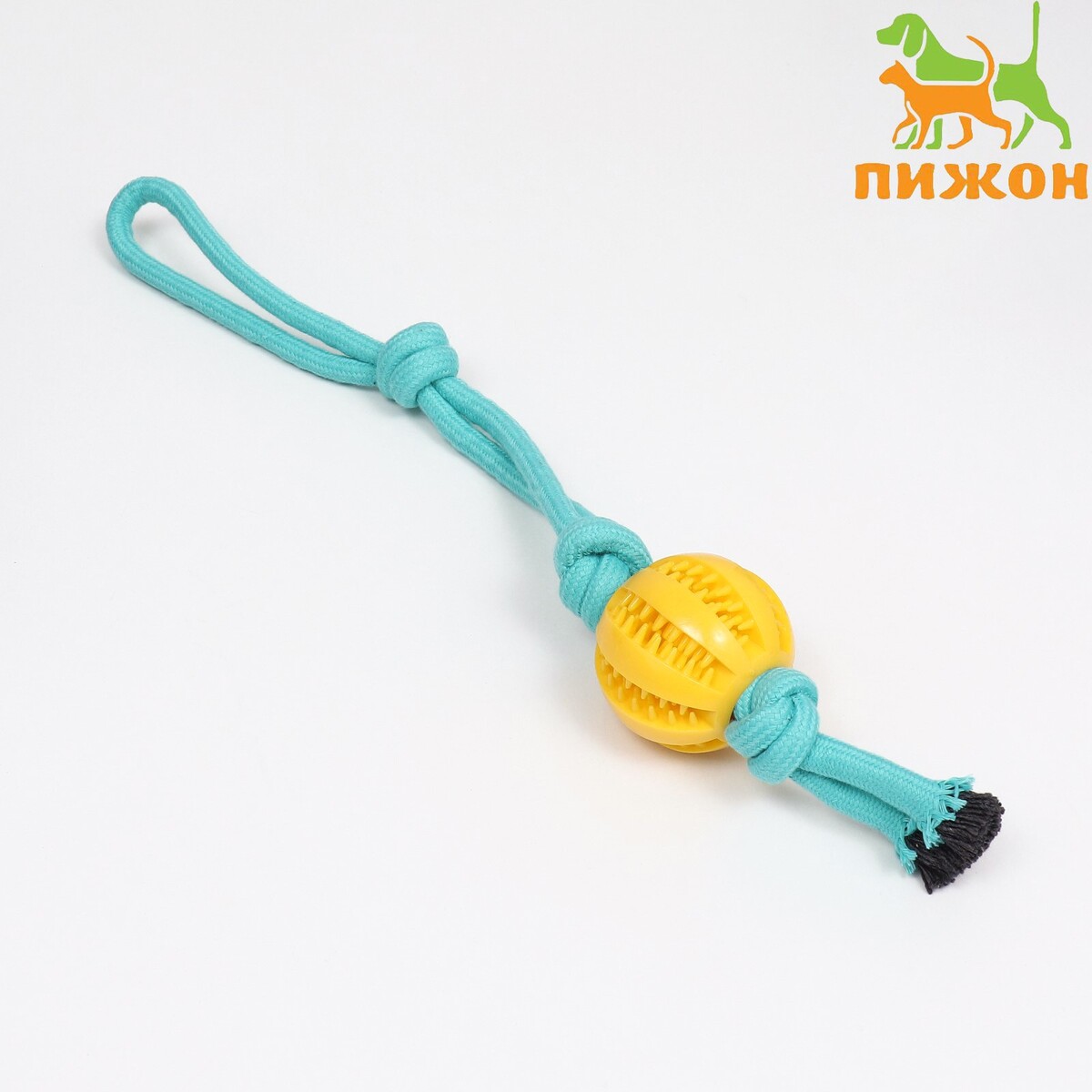 Игрушка канатная плетеная с мячом, до 45 см, до 115 г, голубая/желтая игрушка канатная с жевательными элементами