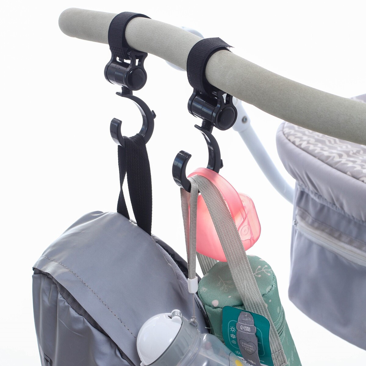 Крючок для сумок на коляску, пластиковый, вращается на 360°, на липучке, цвет черный