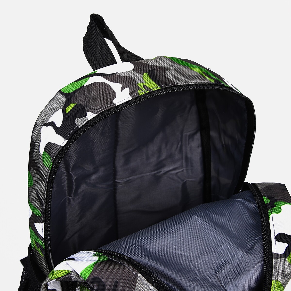 фото Рюкзак школьный из текстиля 2 отдела на молнии, наружный карман, цвет серый/зеленый no brand