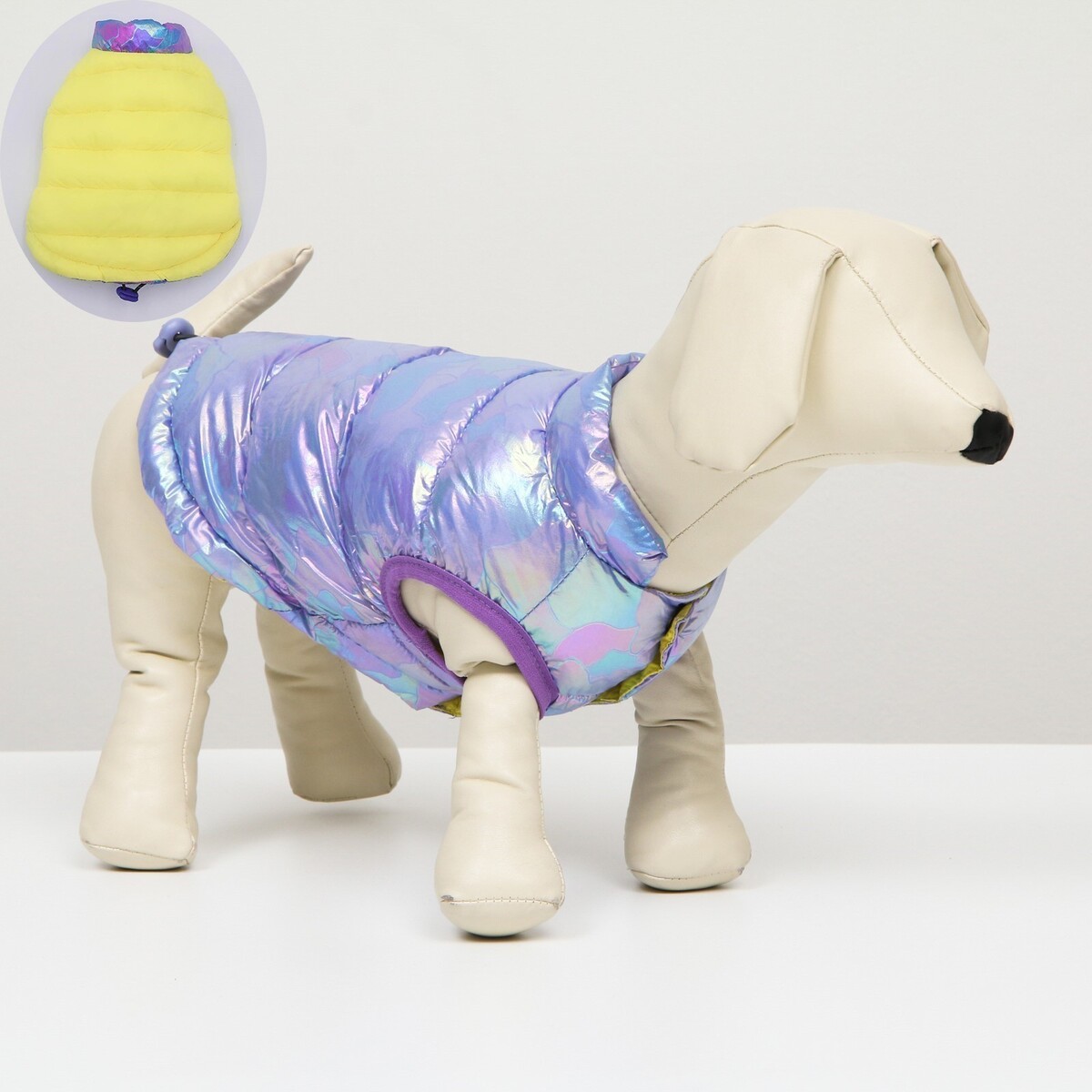 

Куртка для собак двухсторонняя с утяжкой, размер 12 (дс 28, ог 38, ош 27),фиолетовая/жёлтая, Фиолетовый;желтый