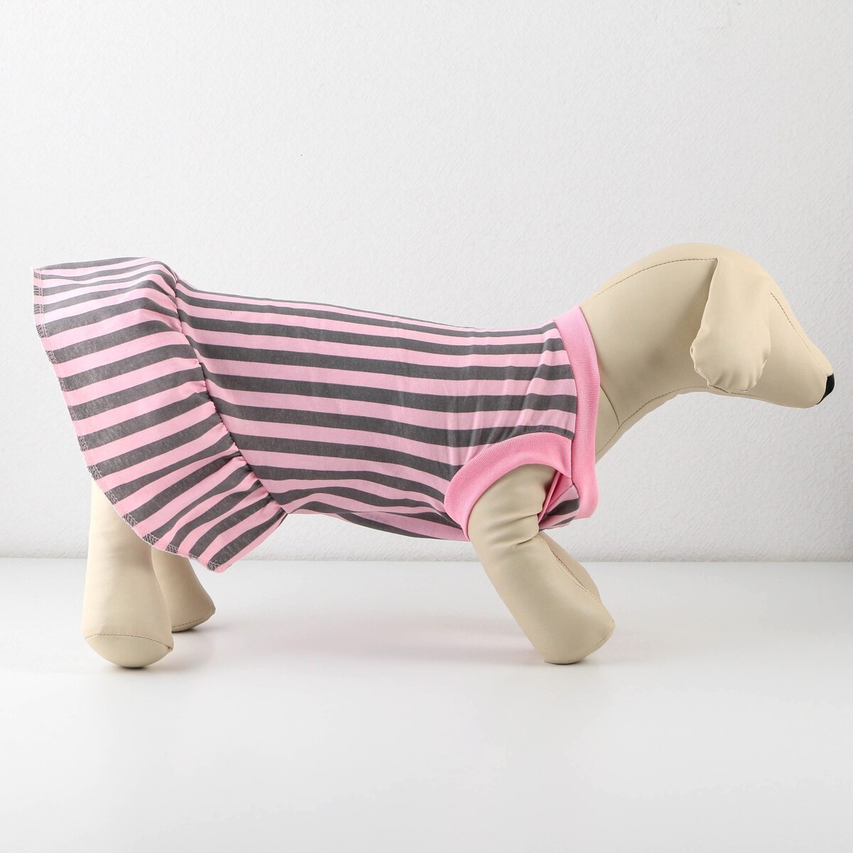 фото Платье для собак кулирка, xs (дс 24, ош 32-36, ог 34-38), розовое с серыми полосками пушистое счастье