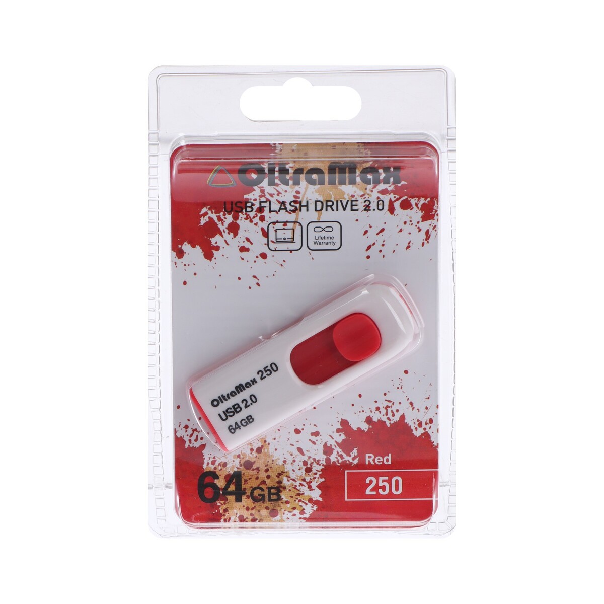 

Флешка oltramax 250, 64 гб, usb2.0, чт до 15 мб/с, зап до 8 мб/с, красная, Красный