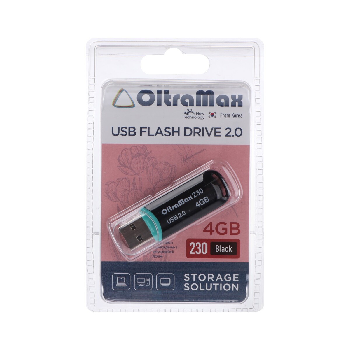 

Флешка oltramax 230, 4 гб, usb2.0, чт до 15 мб/с, зап до 8 мб/с, черная, Черный