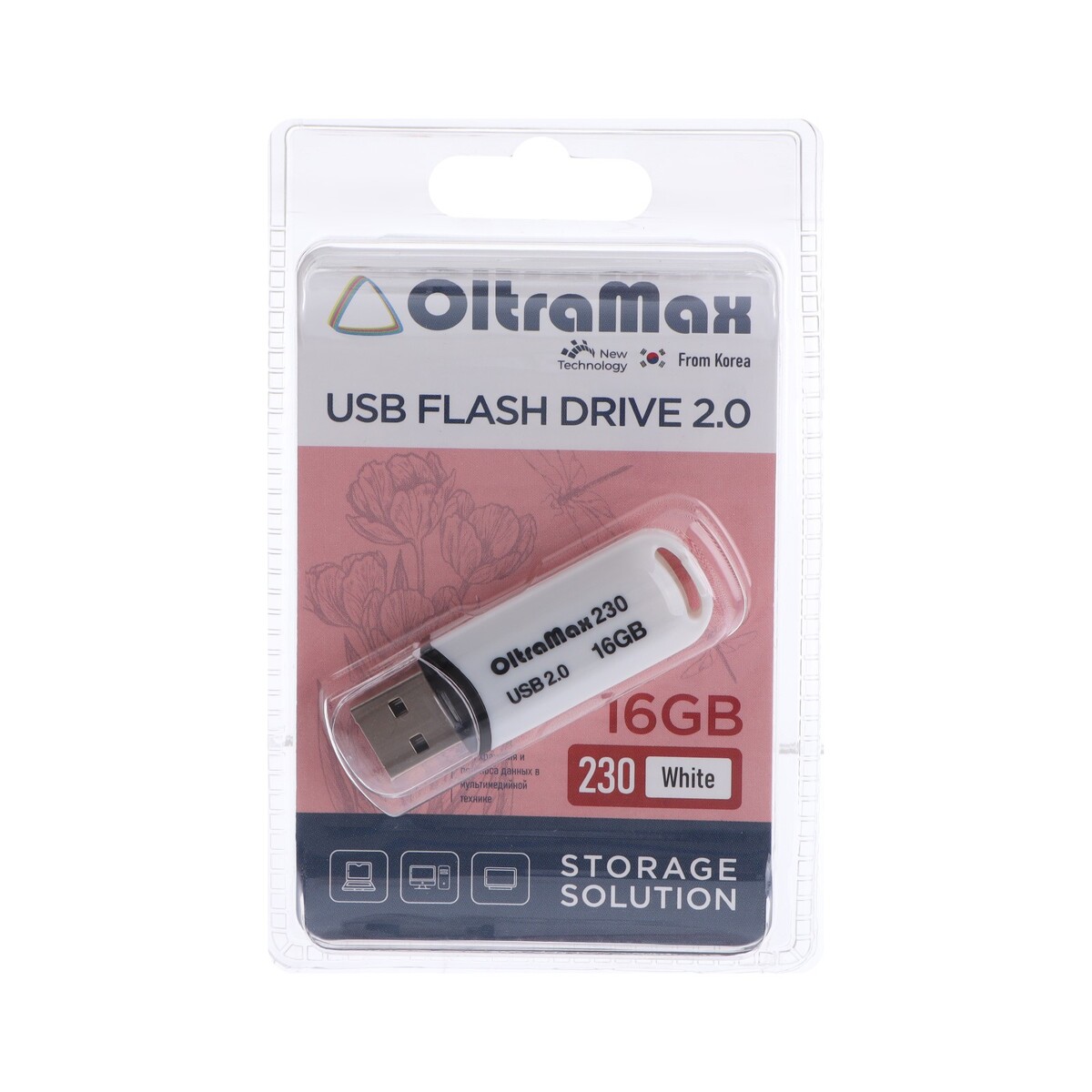 

Флешка oltramax 230, 16 гб, usb2.0, чт до 15 мб/с, зап до 8 мб/с, белая, Белый