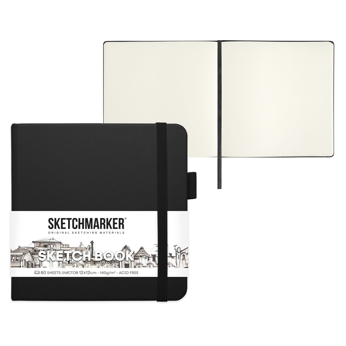 

Скетчбук sketchmarker, 120 х 120 мм, 80 листов, чёрный, блок 140 г/м2, Черный