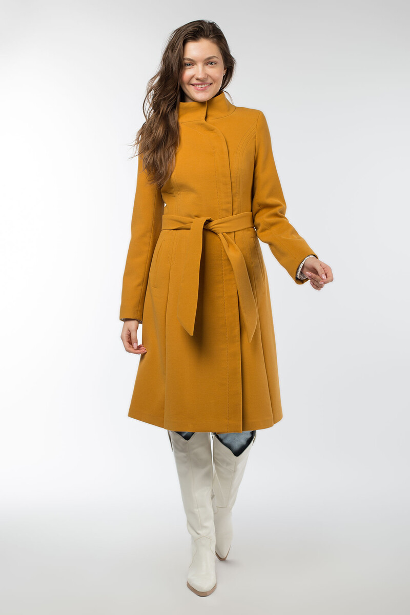 Пальто женское демисезонное (пояс) EL PODIO, размер 44, цвет горчичный 02456277 однобортное - фото 1