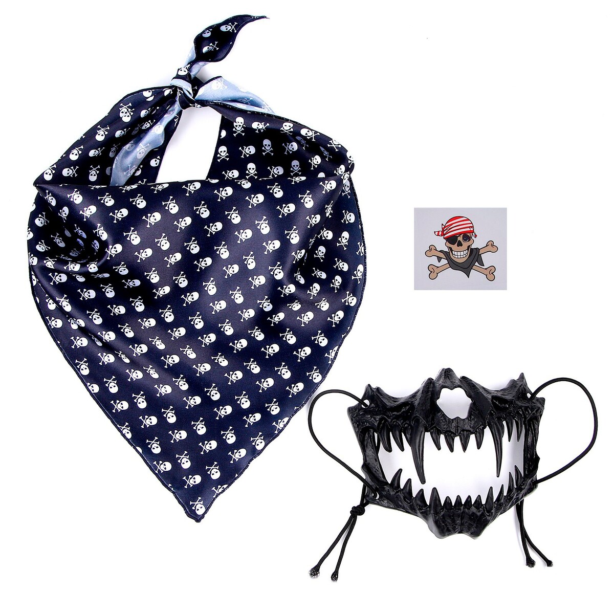 Карнавальный набор: бандана в полоску, маска челюсти чеерная, термонаклейка карнавальный набор пятница 2 предмета маска мачете