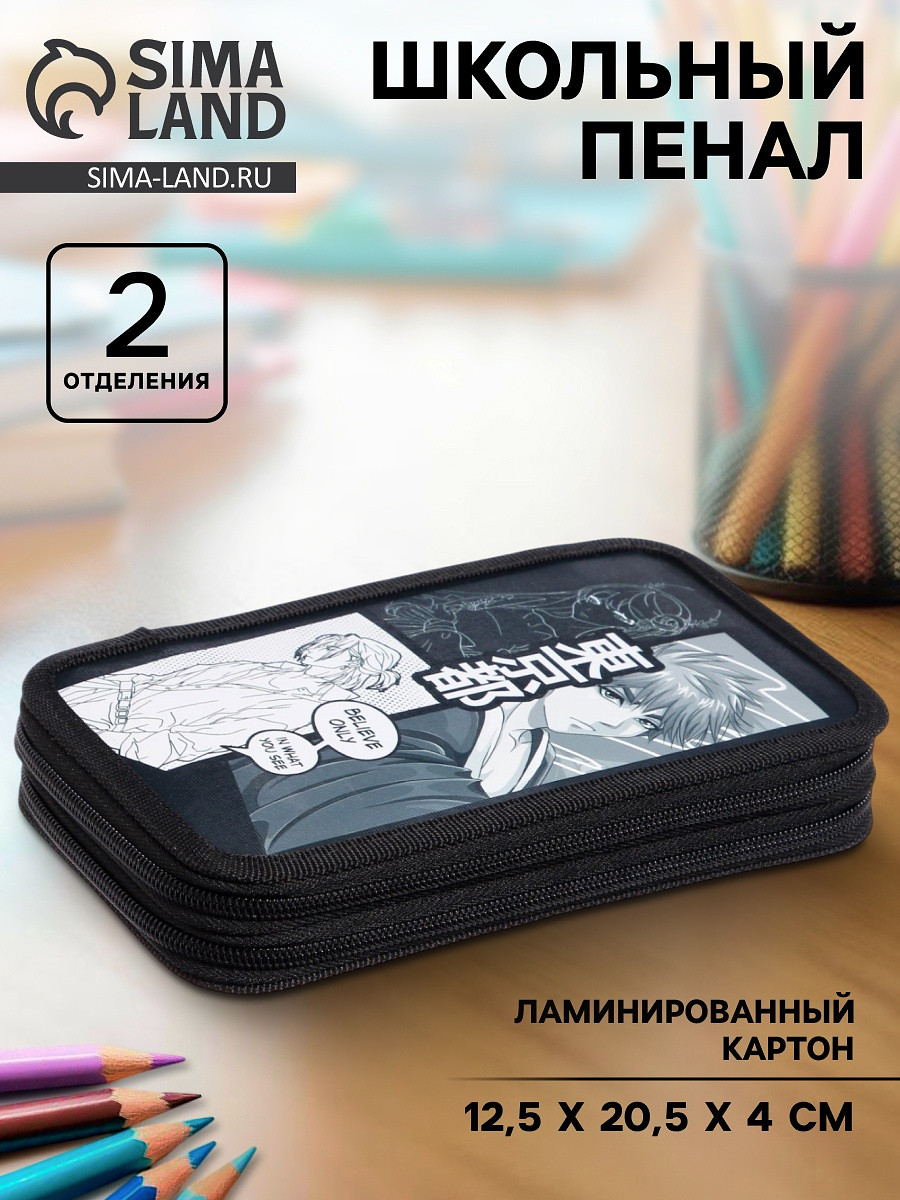 

Пенал школьный, 2 секции, 12.5×20.5×4 см, Черный;белый