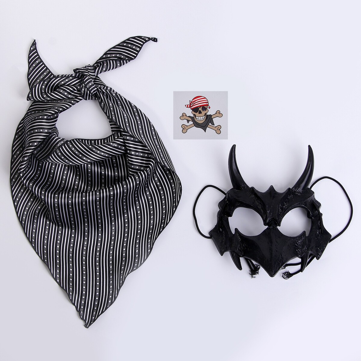 Карнавальный набор: бандана в полоску, маска с рогами черная, термонаклейка