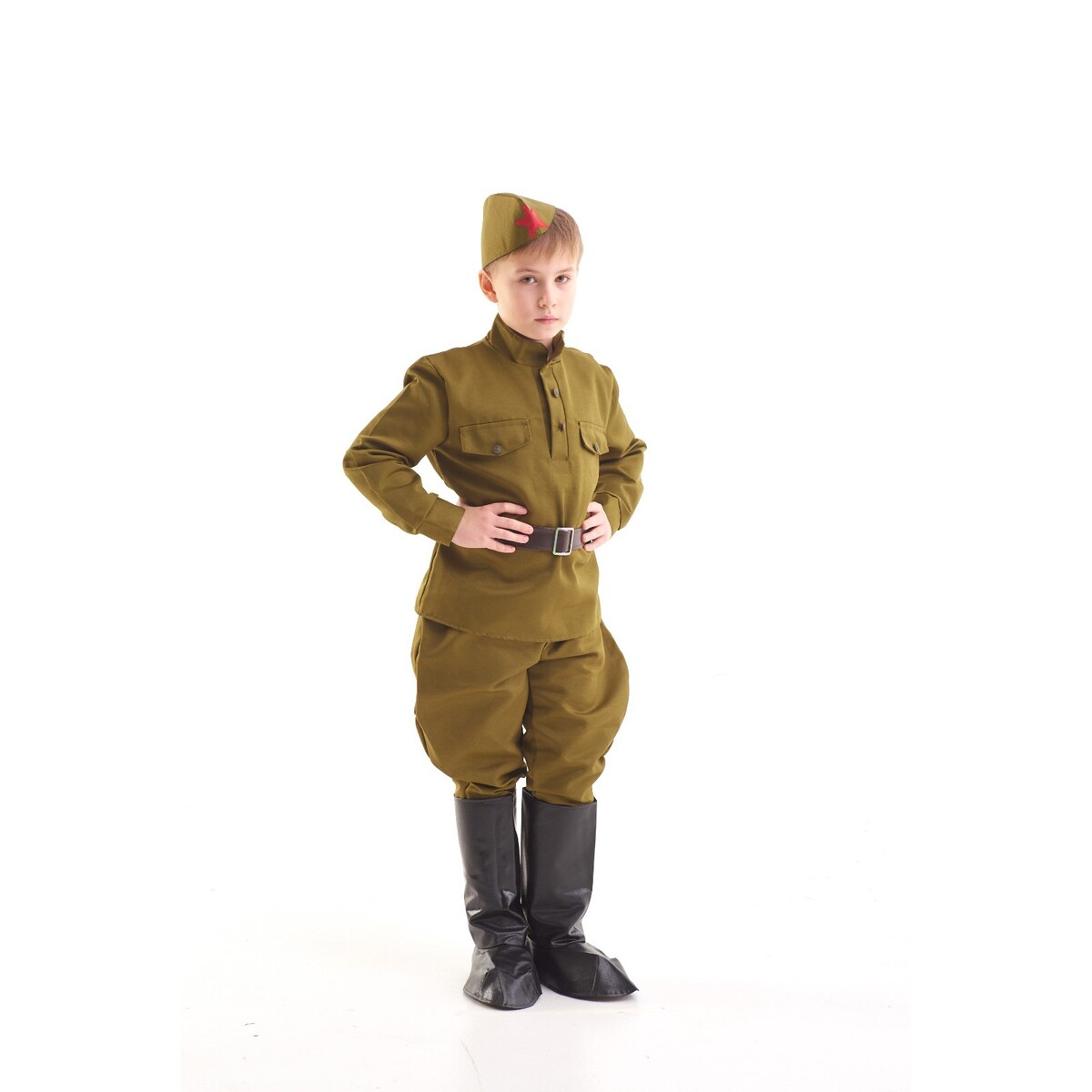 

Костюм военного, гимнастерка, ремень, пилотка, галифе, сапоги, 8-10 лет, рост 140-152 см