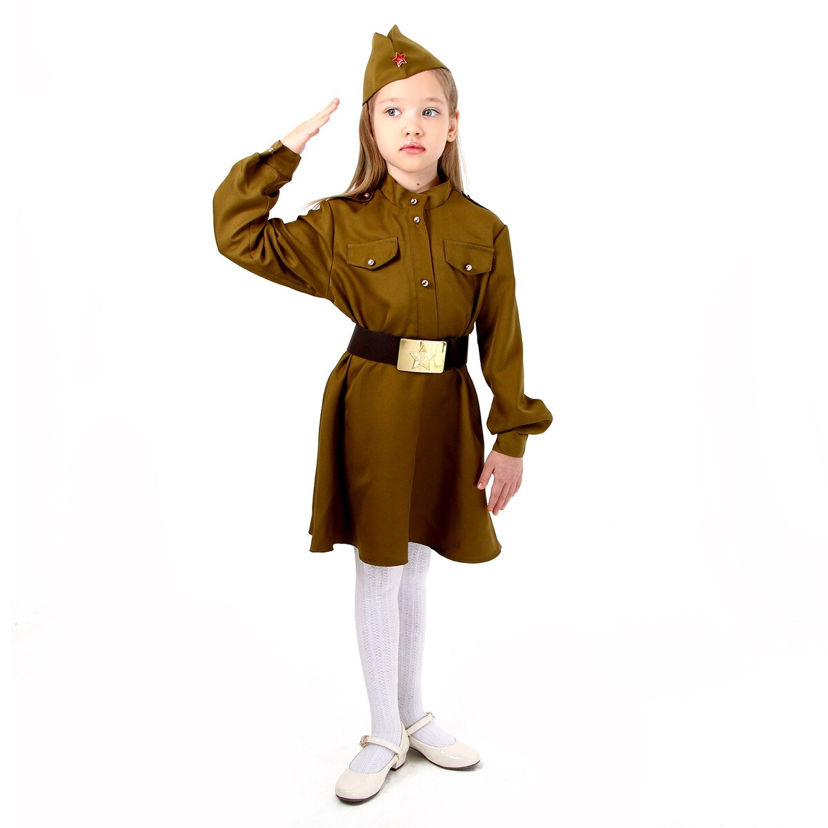 Карнавальный костюм военного: платье,дл. рук,пилотка,,ремень,габардин,п/э,р-р42р.158-164 карнавальный костюм для девочки военное платье пилотка ремень 5 7 лет рост 122 134 см