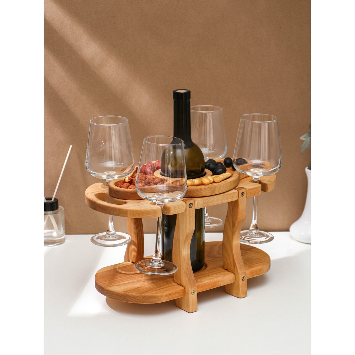 Столик - поднос для вина со съемной менажницей на 4 персоны adelica, 35×19×1,8 см, высота 21 см, береза