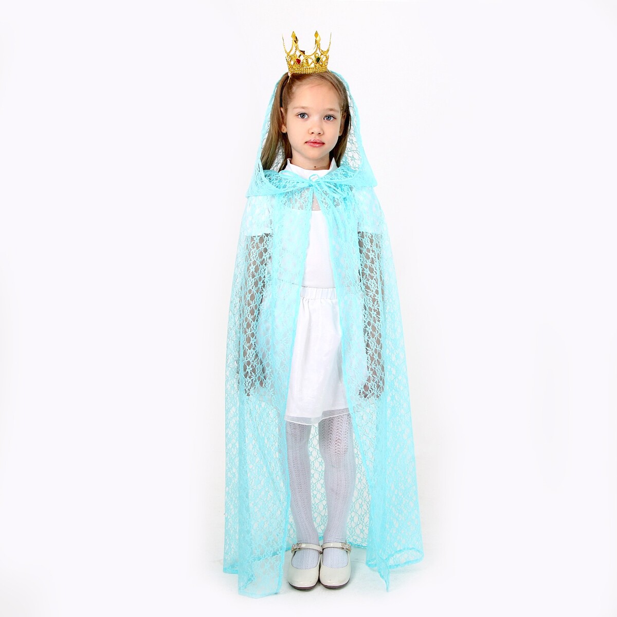 Карнавальный набор принцессы: плащ гипюровый мятный, корона, длина 100 см карнавальный плащ взрослый атлас мятный длина 120см