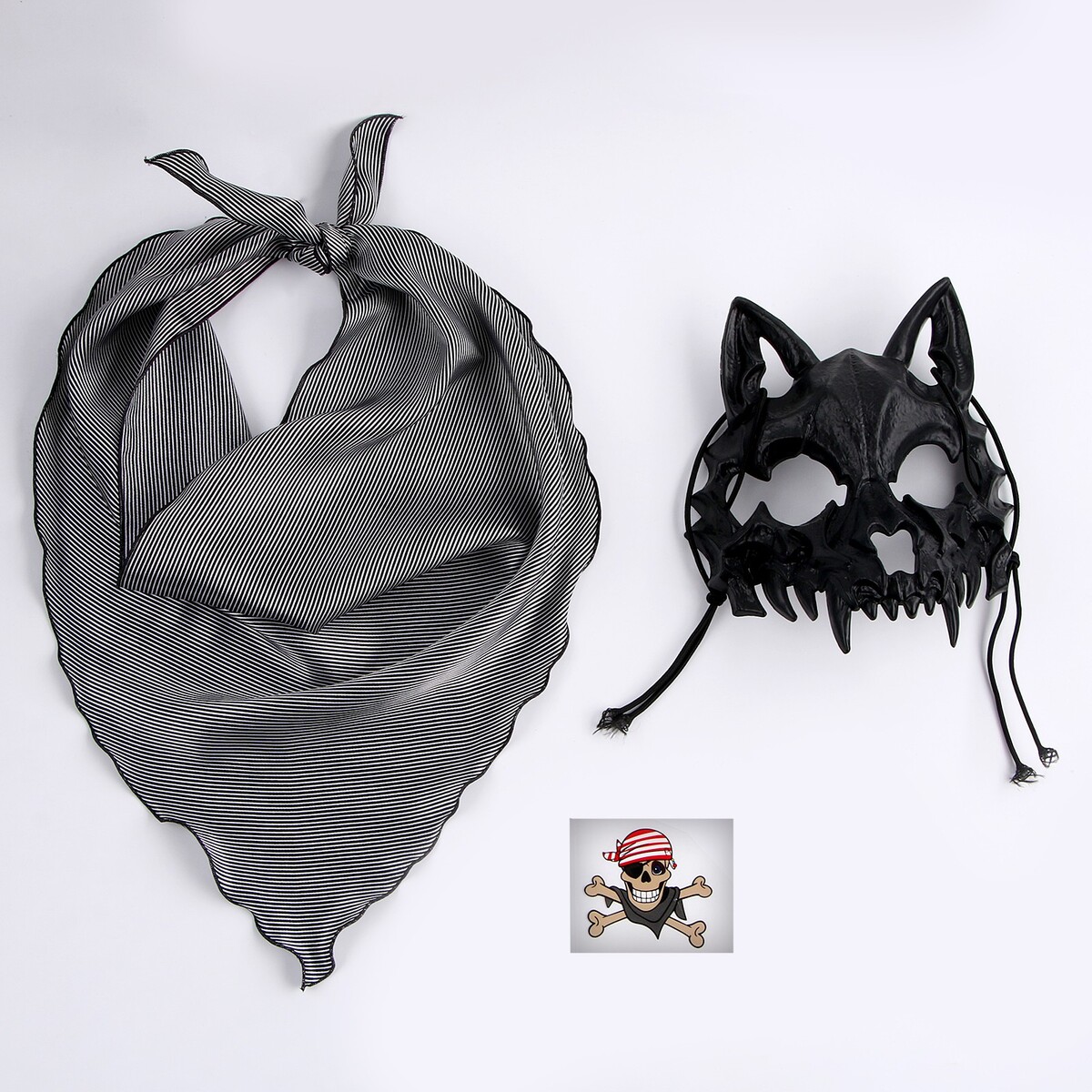 Карнавальный набор: бандана в полоску, маска собаки черная, термонаклейка