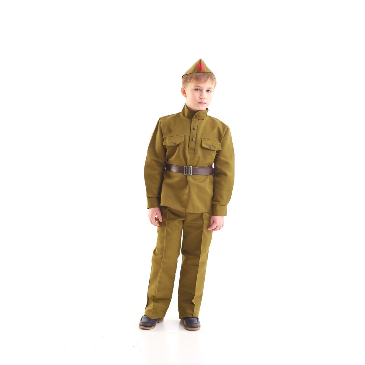 

Костюм военного, гимнастерка, ремень, пилотка, брюки, 8-10 лет, рост 140-152 см