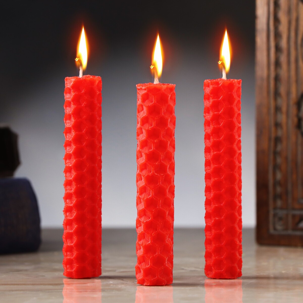 Набор свечей из вощины, 3 шт, 8х1,7 см, 45 мин, красный No brand 02773207 - фото 1