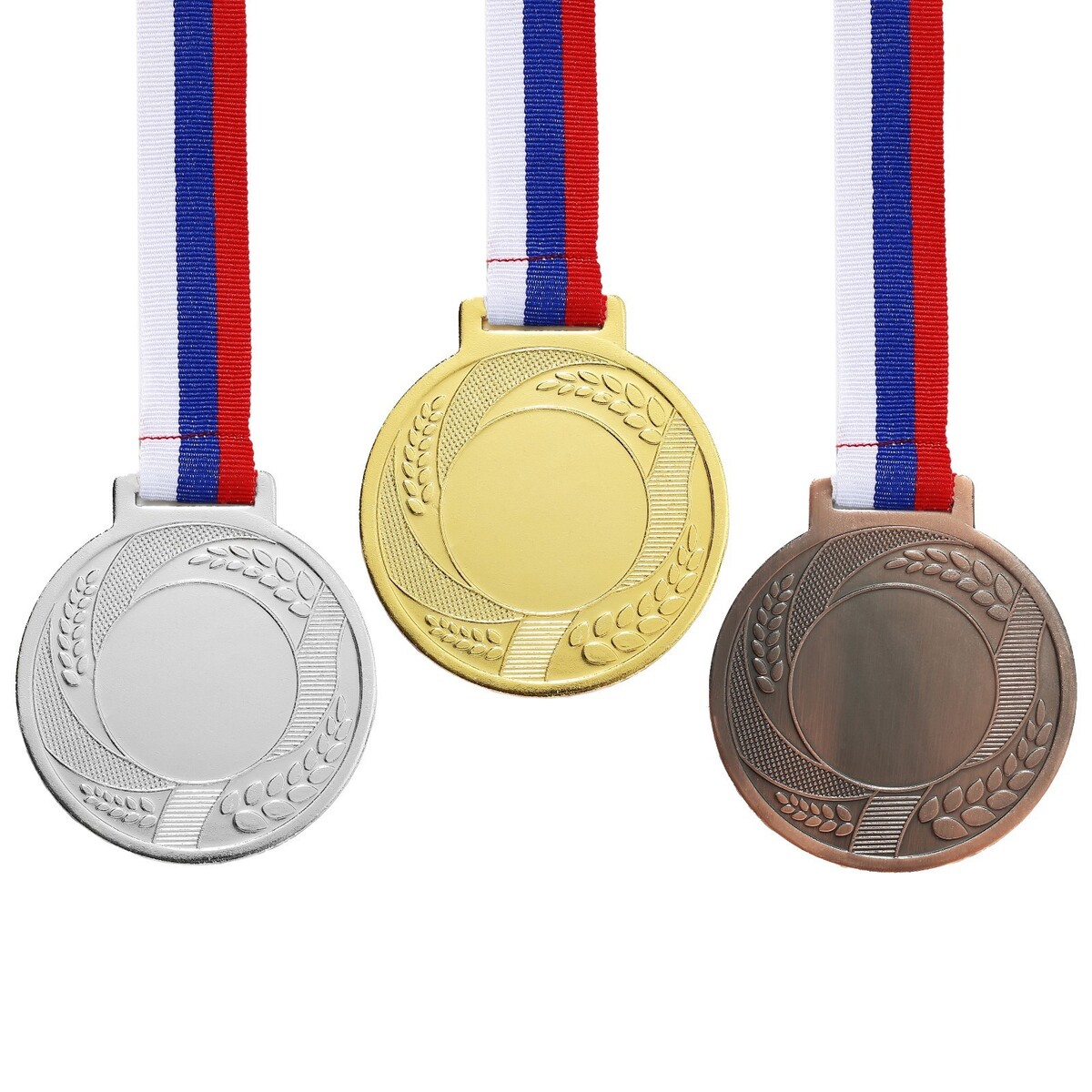 Медаль под нанесение 005 диам 7 см. цвет сер. с лентой медаль под нанесение 034 диам 4 см бронз с лентой