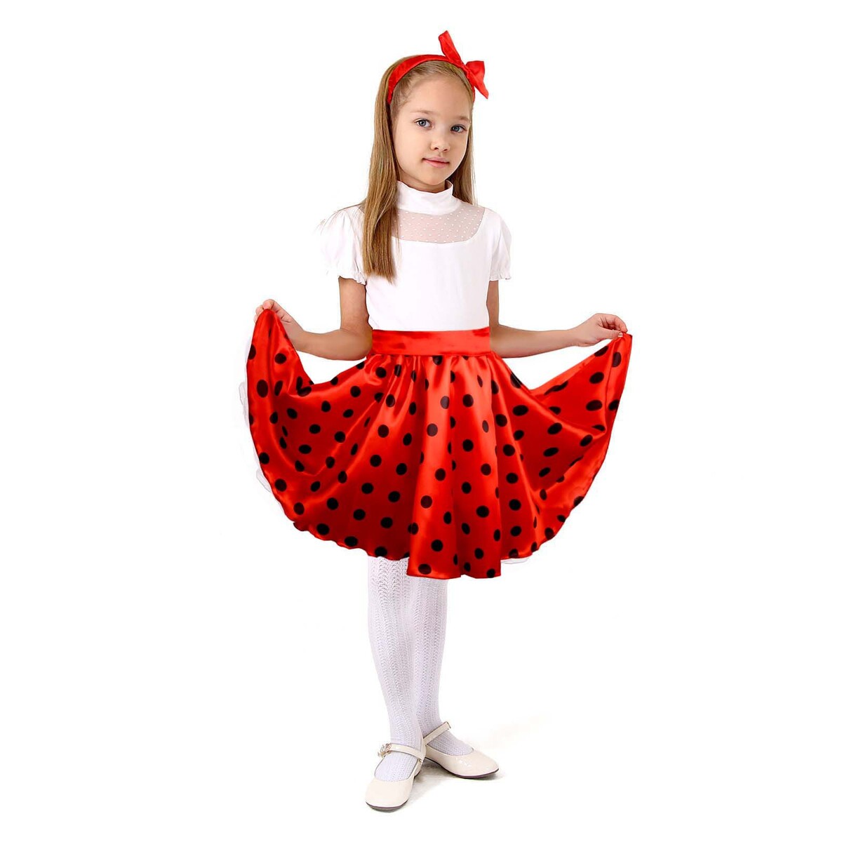 Карнавальная юбка для вечеринки красная в черный горох, повязка, рост 122-128 см