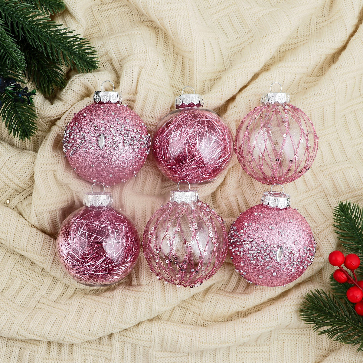 

Ёлочные игрушки, Розовый;прозрачный