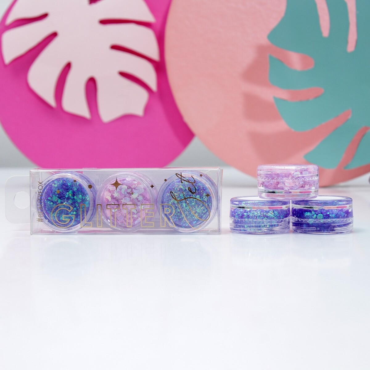 

Набор блесток для лица и тела на гелевой основе glitter set, 3 цвета по 3 мл, Синий;сиреневый