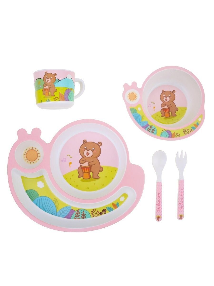 фото Набор детской посуды из бамбука 5 предметов &quot;мишка розовый&quot; первый домовой