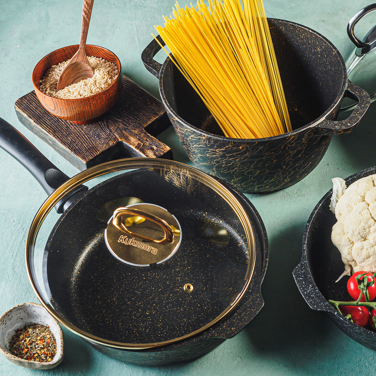 фото Сковорода литая 24см съемная ручка стеклянная крышка грация черный/золото kukmara