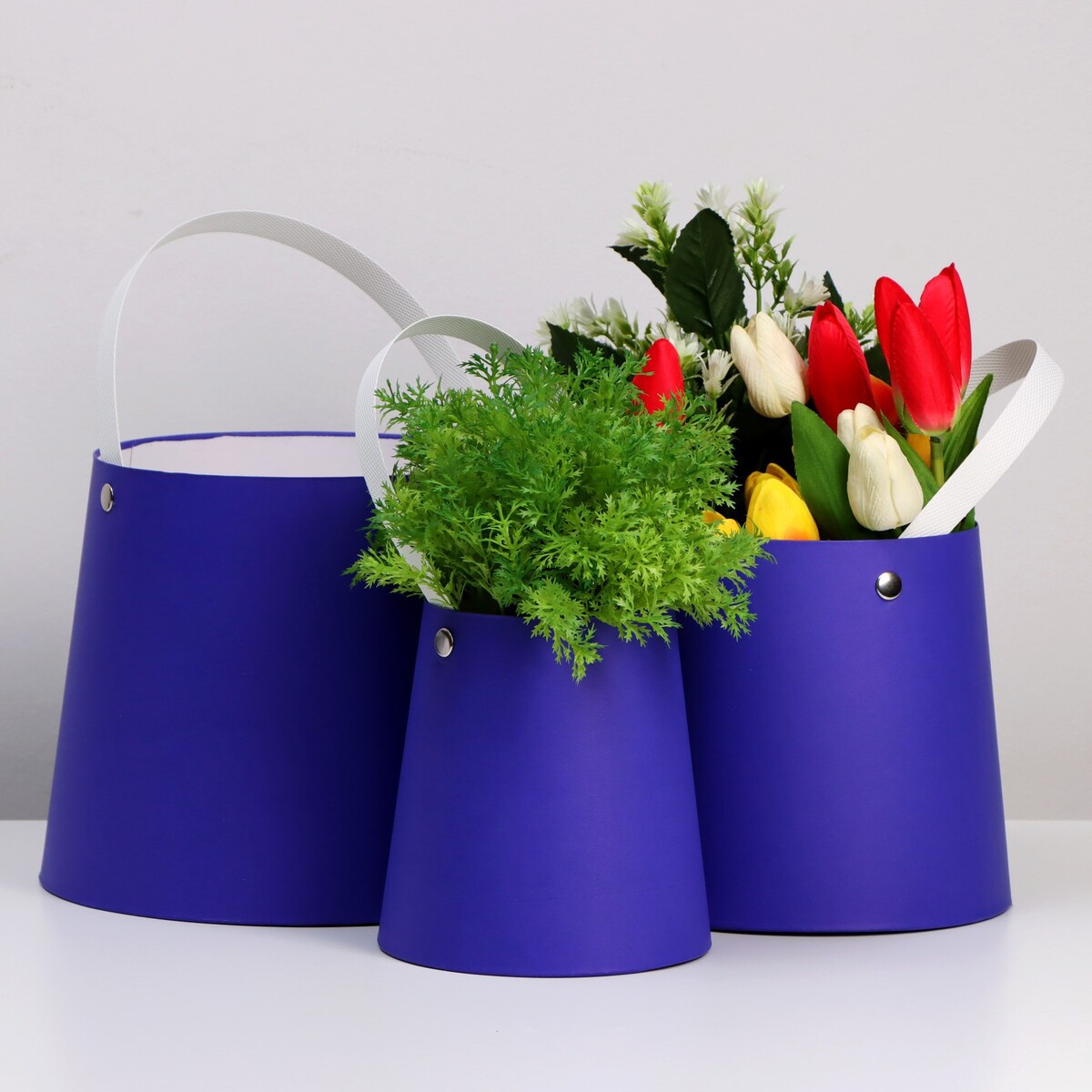 Набор коробок 3 в 1 обратный конус фиолетовый без крышек с ручкой 11-14 х 14-16 х 16-18 см
