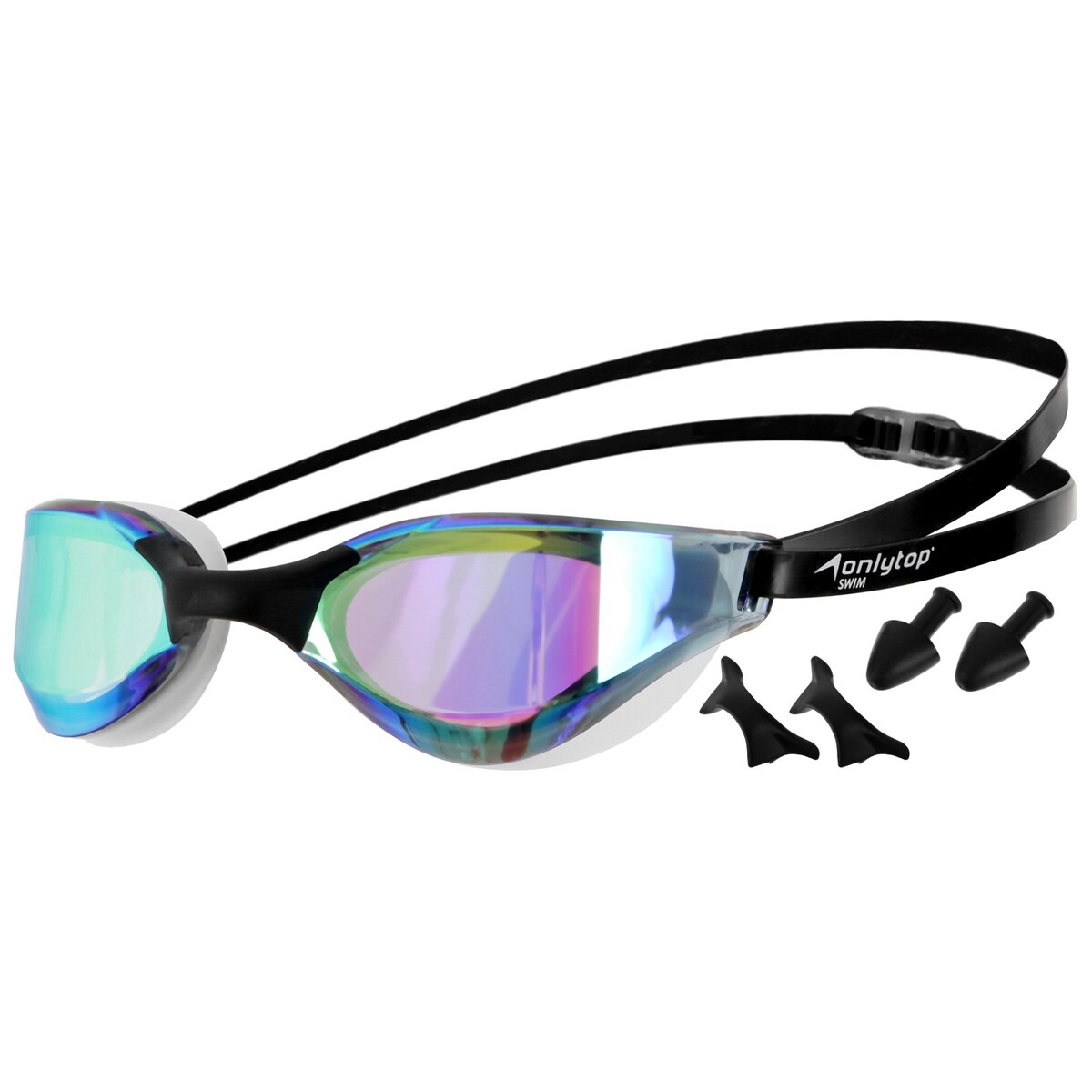 Очки для плавания взрослые + набор носовых перемычек и беруши, с зеркальным радужным покрытием ONLYTOP, цвет черный